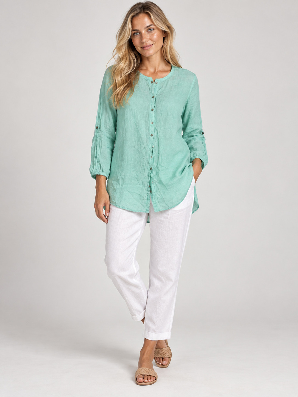 Tahari Linen Tunic Mint Green Button Front Roll Tab 1X #A4862
